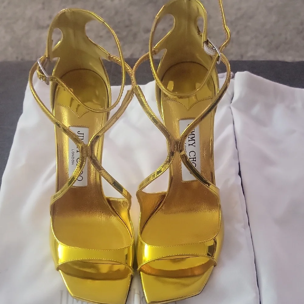 Jimmy Choo Azia 110 Gold Liquid Metal Leather Sandals  Gold Strappy Heels - Picture 4 of 6